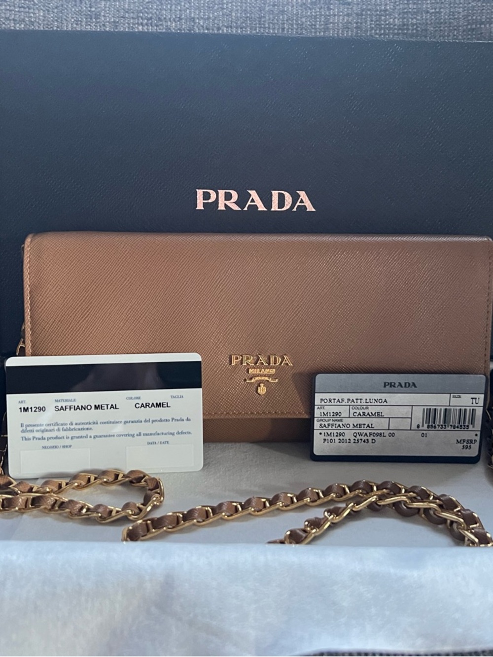 Prada Caramel Saffiano Leather Long Wallet with Gold Chain - Picture 3 of 3